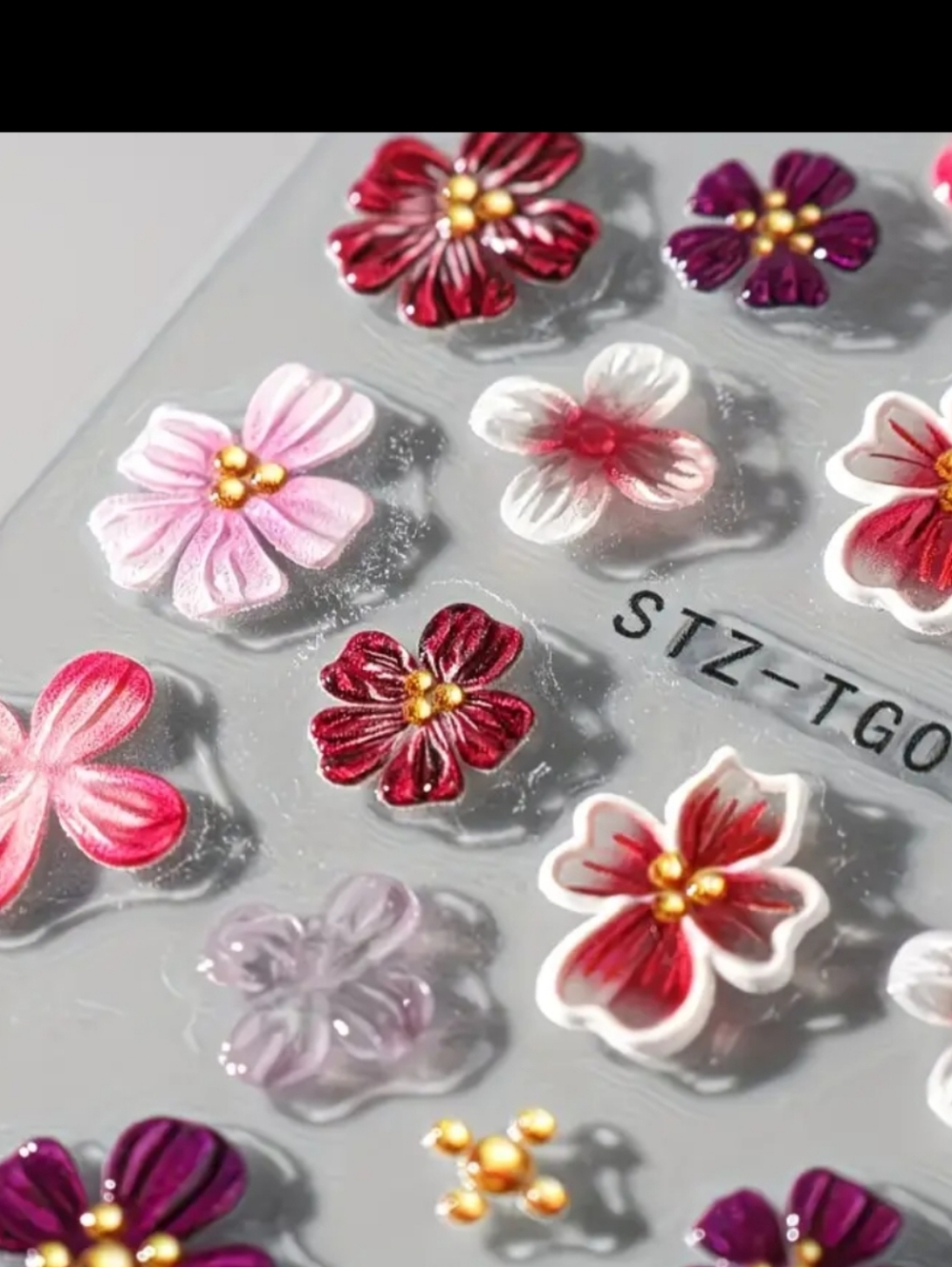 Floral 5D Nail Art Stickers - Pink & Burgundy - Picture 2 of 4